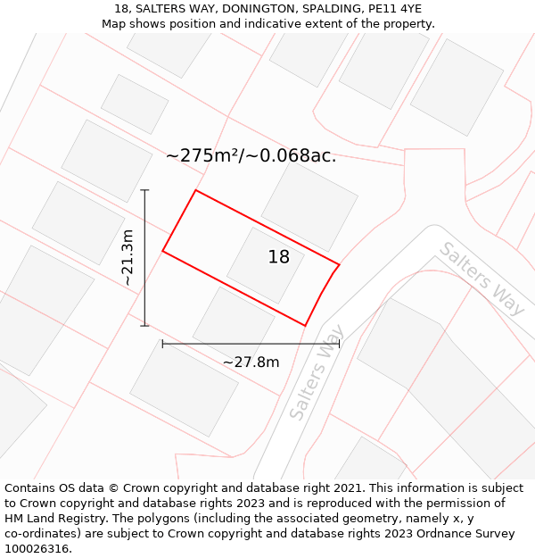 18, SALTERS WAY, DONINGTON, SPALDING, PE11 4YE: Plot and title map