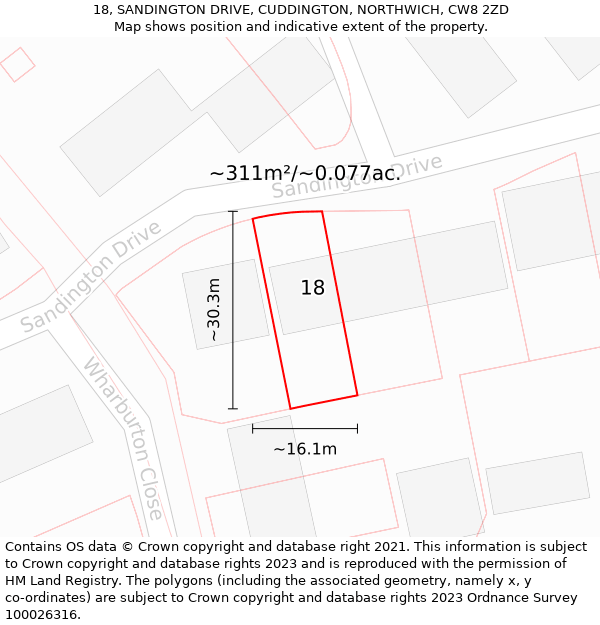 18, SANDINGTON DRIVE, CUDDINGTON, NORTHWICH, CW8 2ZD: Plot and title map