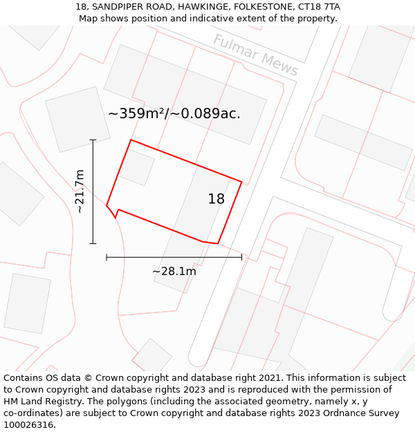 18, SANDPIPER ROAD, HAWKINGE, FOLKESTONE, CT18 7TA: Plot and title map