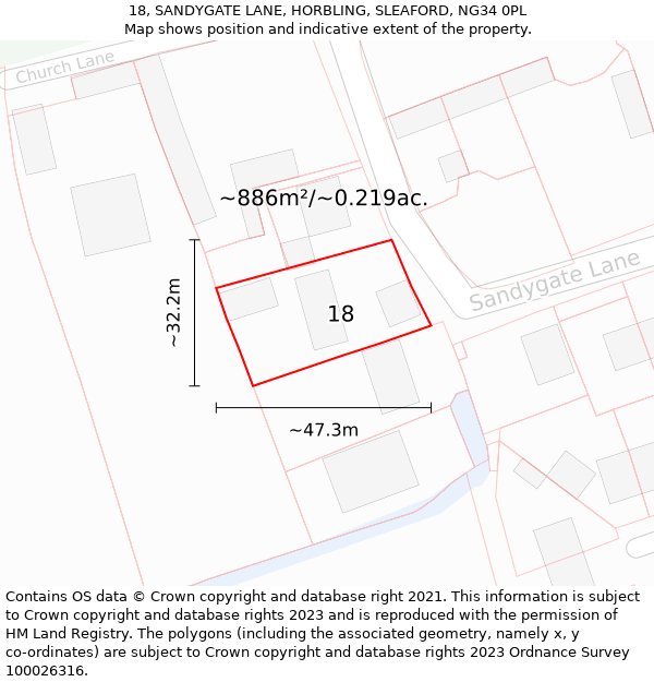 18, SANDYGATE LANE, HORBLING, SLEAFORD, NG34 0PL: Plot and title map