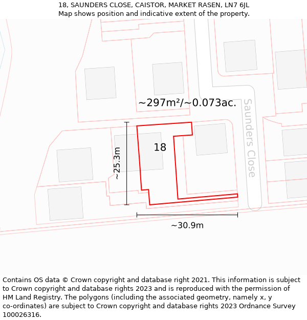 18, SAUNDERS CLOSE, CAISTOR, MARKET RASEN, LN7 6JL: Plot and title map