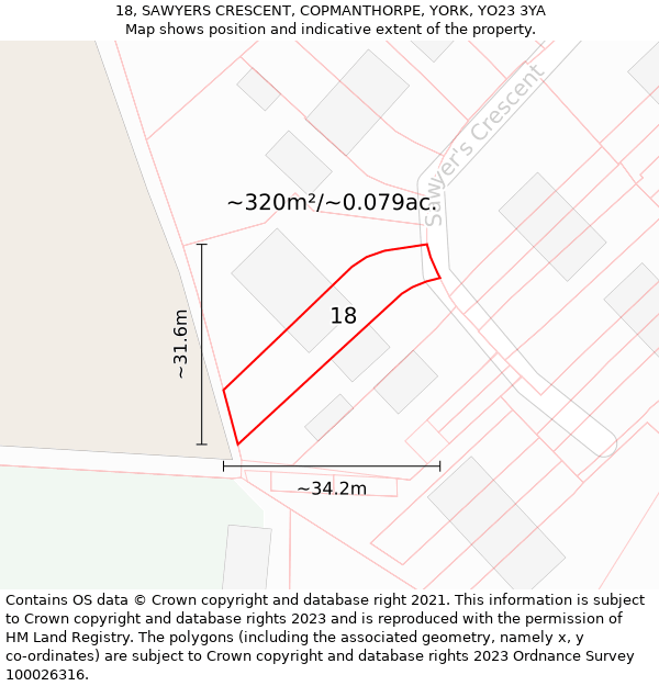 18, SAWYERS CRESCENT, COPMANTHORPE, YORK, YO23 3YA: Plot and title map