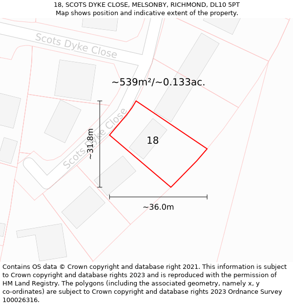 18, SCOTS DYKE CLOSE, MELSONBY, RICHMOND, DL10 5PT: Plot and title map