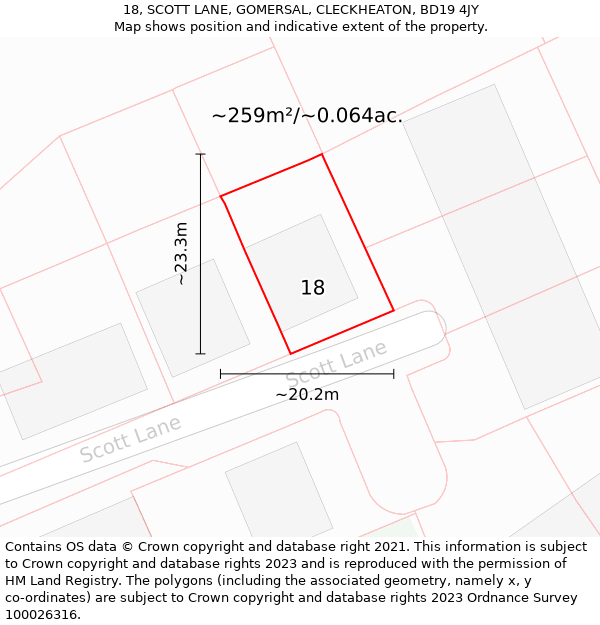 18, SCOTT LANE, GOMERSAL, CLECKHEATON, BD19 4JY: Plot and title map