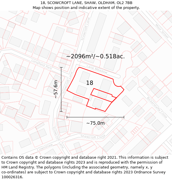 18, SCOWCROFT LANE, SHAW, OLDHAM, OL2 7BB: Plot and title map