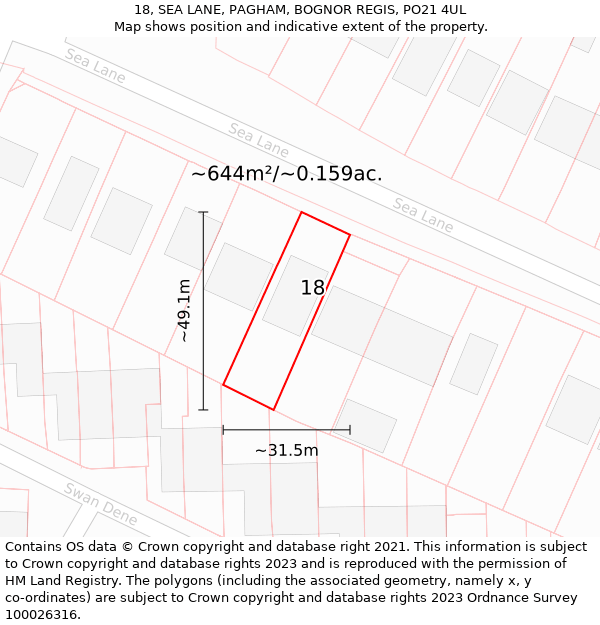 18, SEA LANE, PAGHAM, BOGNOR REGIS, PO21 4UL: Plot and title map