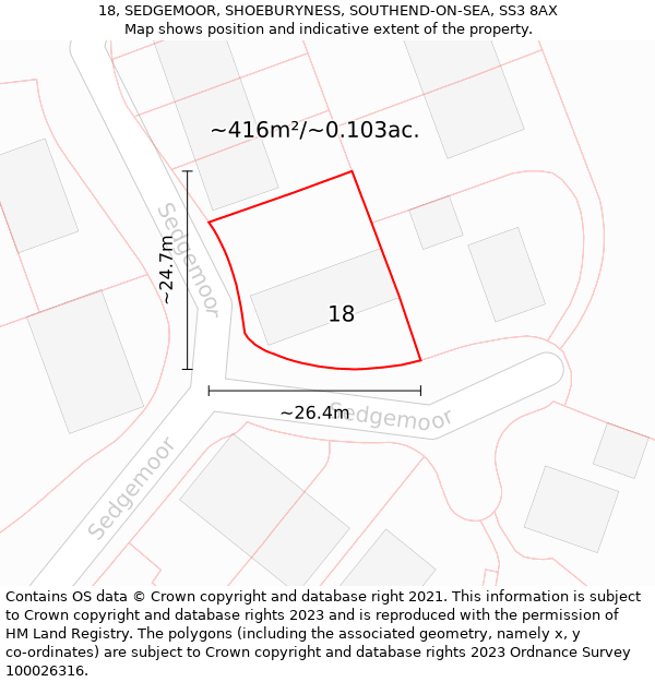 18, SEDGEMOOR, SHOEBURYNESS, SOUTHEND-ON-SEA, SS3 8AX: Plot and title map