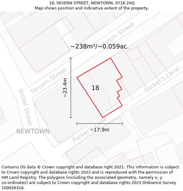 18, SEVERN STREET, NEWTOWN, SY16 2AQ: Plot and title map