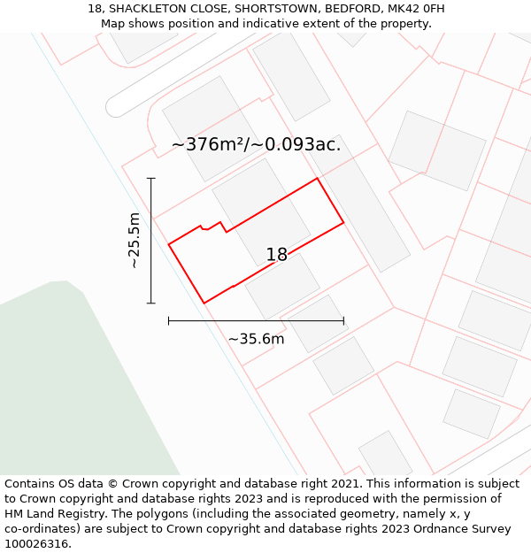 18, SHACKLETON CLOSE, SHORTSTOWN, BEDFORD, MK42 0FH: Plot and title map