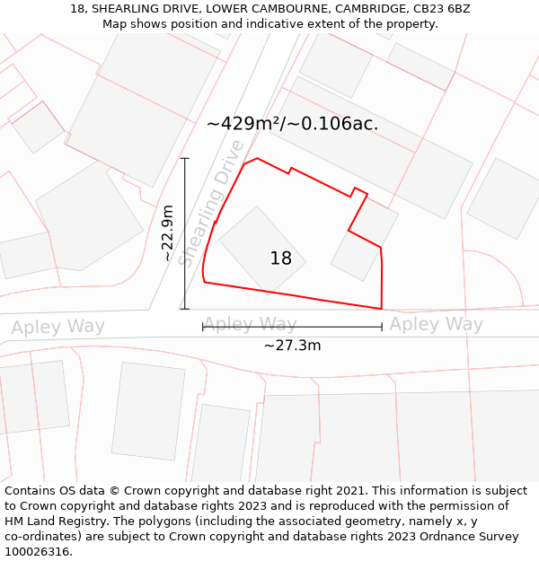 18, SHEARLING DRIVE, LOWER CAMBOURNE, CAMBRIDGE, CB23 6BZ: Plot and title map