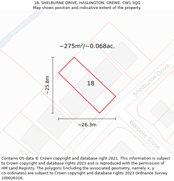 18, SHELBURNE DRIVE, HASLINGTON, CREWE, CW1 5QG: Plot and title map