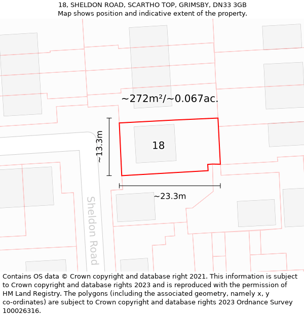 18, SHELDON ROAD, SCARTHO TOP, GRIMSBY, DN33 3GB: Plot and title map