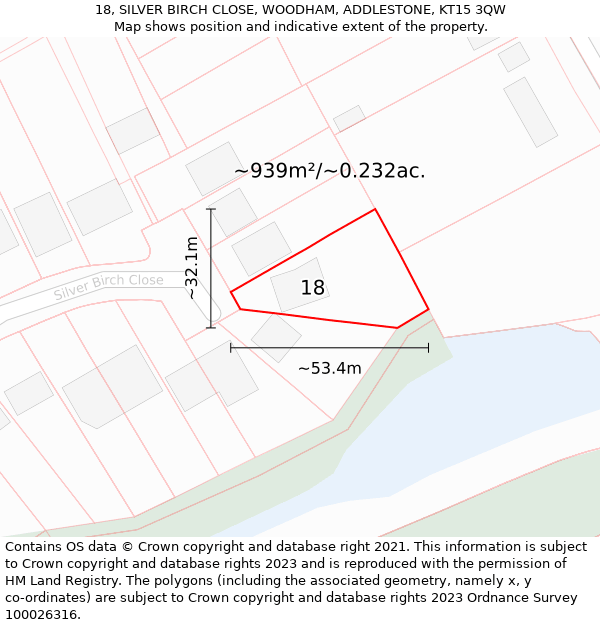 18, SILVER BIRCH CLOSE, WOODHAM, ADDLESTONE, KT15 3QW: Plot and title map