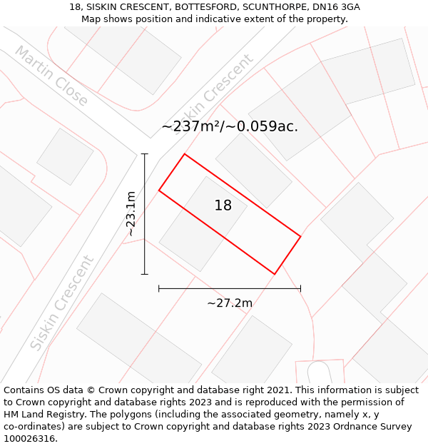 18, SISKIN CRESCENT, BOTTESFORD, SCUNTHORPE, DN16 3GA: Plot and title map