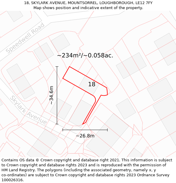 18, SKYLARK AVENUE, MOUNTSORREL, LOUGHBOROUGH, LE12 7FY: Plot and title map