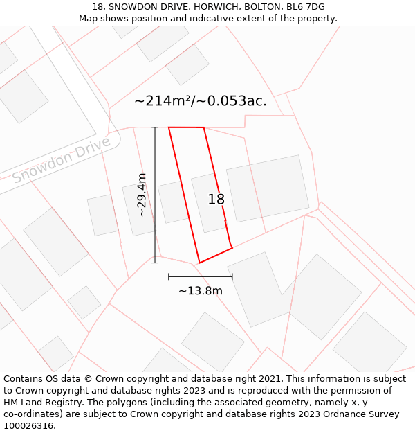 18, SNOWDON DRIVE, HORWICH, BOLTON, BL6 7DG: Plot and title map