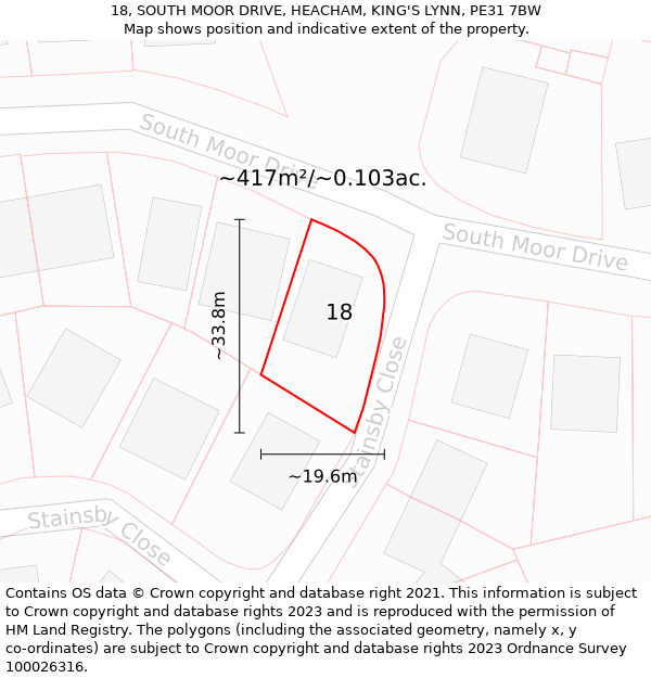 18, SOUTH MOOR DRIVE, HEACHAM, KING'S LYNN, PE31 7BW: Plot and title map