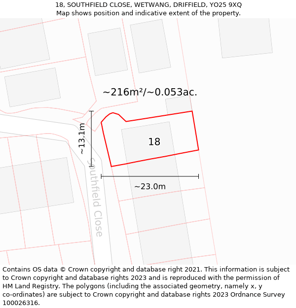 18, SOUTHFIELD CLOSE, WETWANG, DRIFFIELD, YO25 9XQ: Plot and title map