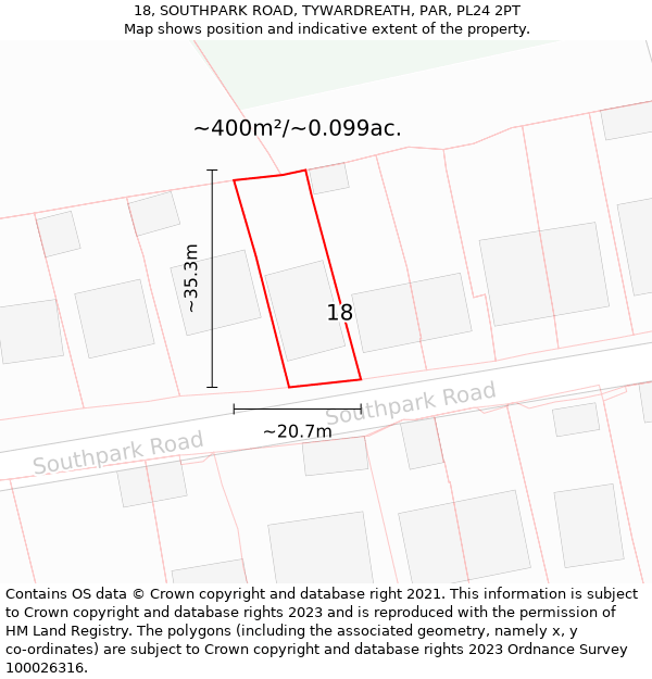 18, SOUTHPARK ROAD, TYWARDREATH, PAR, PL24 2PT: Plot and title map