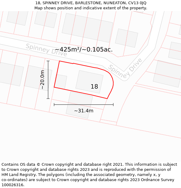 18, SPINNEY DRIVE, BARLESTONE, NUNEATON, CV13 0JQ: Plot and title map