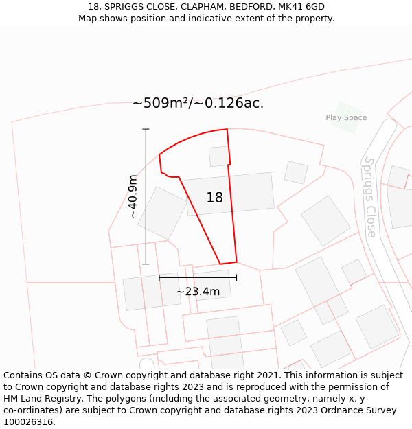 18, SPRIGGS CLOSE, CLAPHAM, BEDFORD, MK41 6GD: Plot and title map