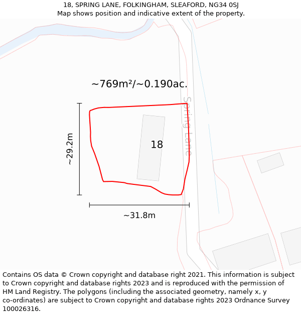 18, SPRING LANE, FOLKINGHAM, SLEAFORD, NG34 0SJ: Plot and title map