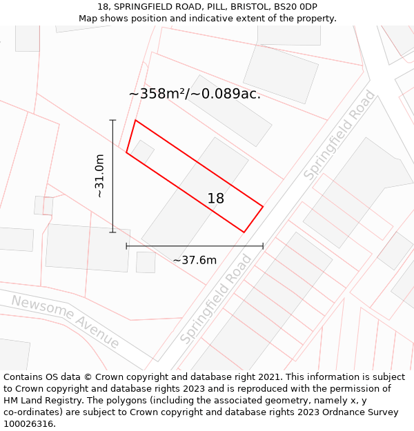 18, SPRINGFIELD ROAD, PILL, BRISTOL, BS20 0DP: Plot and title map