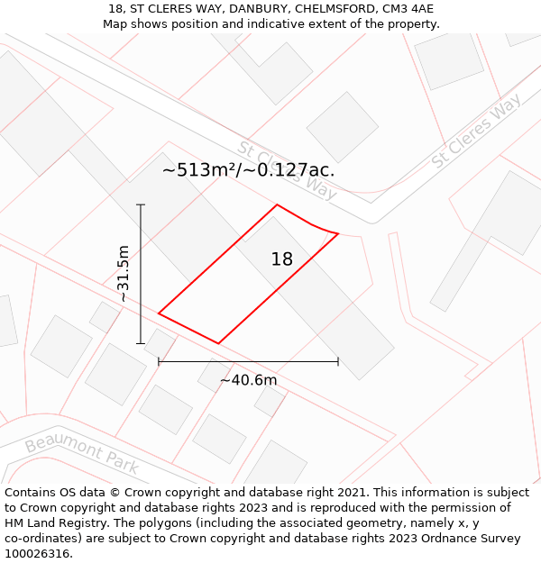 18, ST CLERES WAY, DANBURY, CHELMSFORD, CM3 4AE: Plot and title map