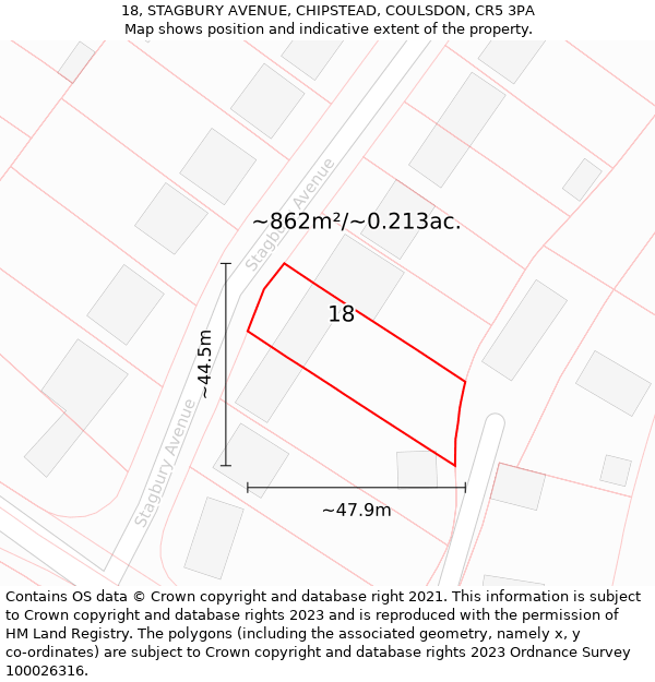 18, STAGBURY AVENUE, CHIPSTEAD, COULSDON, CR5 3PA: Plot and title map