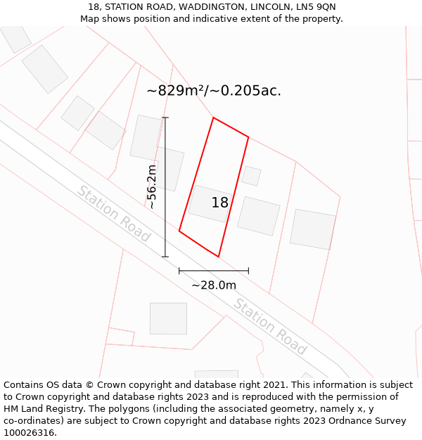 18, STATION ROAD, WADDINGTON, LINCOLN, LN5 9QN: Plot and title map