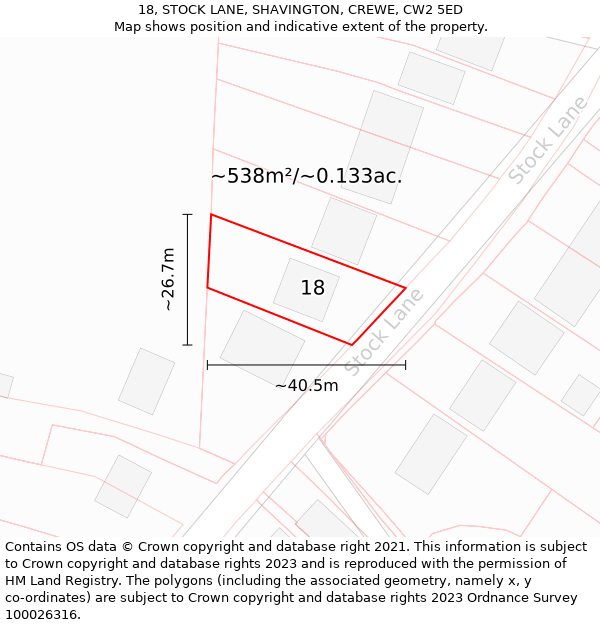 18, STOCK LANE, SHAVINGTON, CREWE, CW2 5ED: Plot and title map