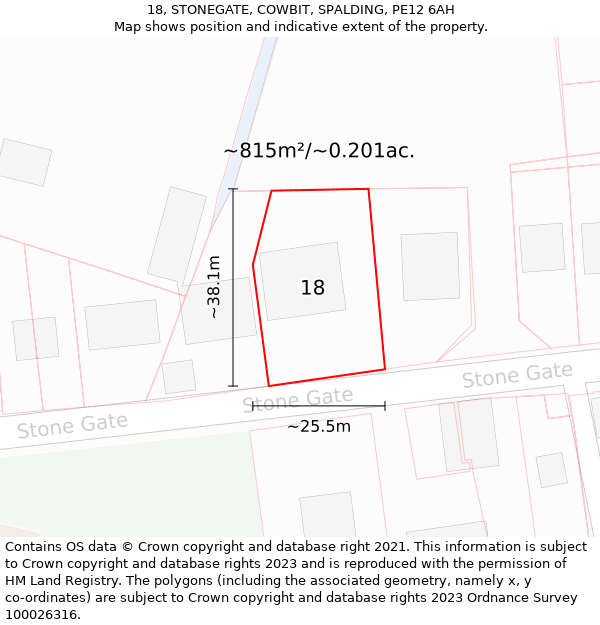 18, STONEGATE, COWBIT, SPALDING, PE12 6AH: Plot and title map