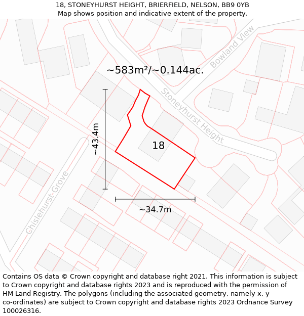 18, STONEYHURST HEIGHT, BRIERFIELD, NELSON, BB9 0YB: Plot and title map