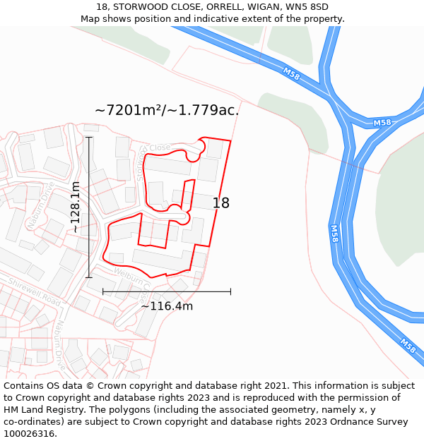 18, STORWOOD CLOSE, ORRELL, WIGAN, WN5 8SD: Plot and title map