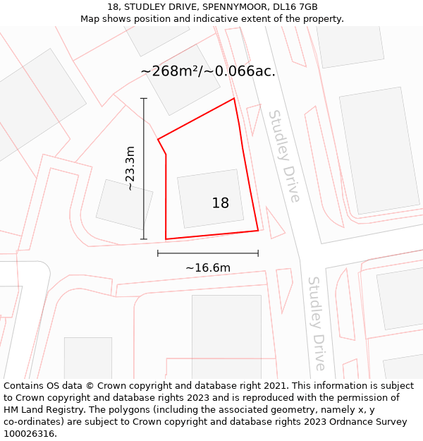 18, STUDLEY DRIVE, SPENNYMOOR, DL16 7GB: Plot and title map