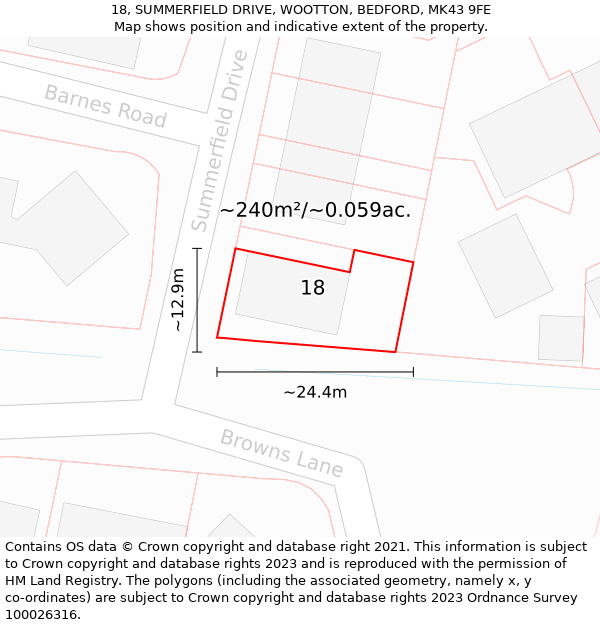 18, SUMMERFIELD DRIVE, WOOTTON, BEDFORD, MK43 9FE: Plot and title map