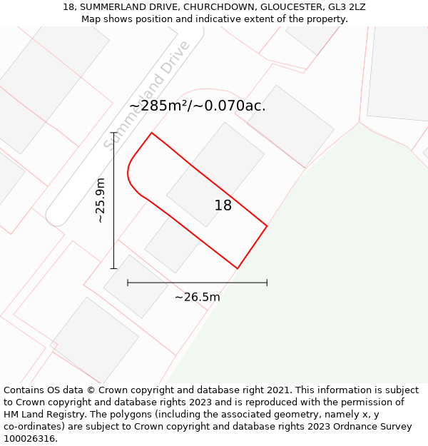 18, SUMMERLAND DRIVE, CHURCHDOWN, GLOUCESTER, GL3 2LZ: Plot and title map