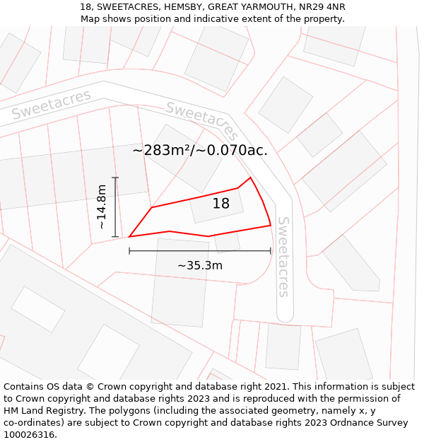 18, SWEETACRES, HEMSBY, GREAT YARMOUTH, NR29 4NR: Plot and title map