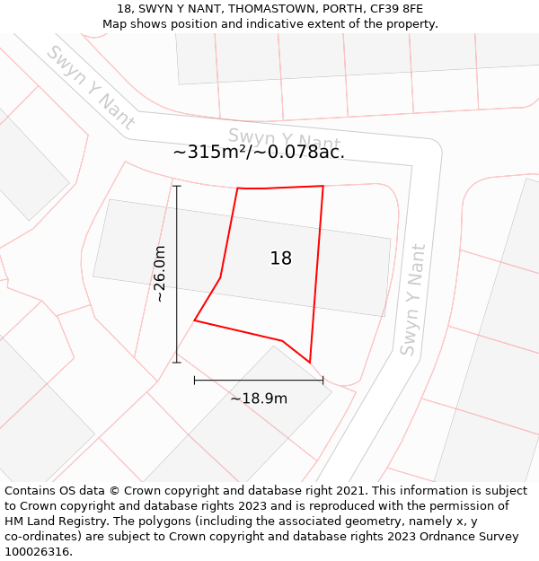 18, SWYN Y NANT, THOMASTOWN, PORTH, CF39 8FE: Plot and title map