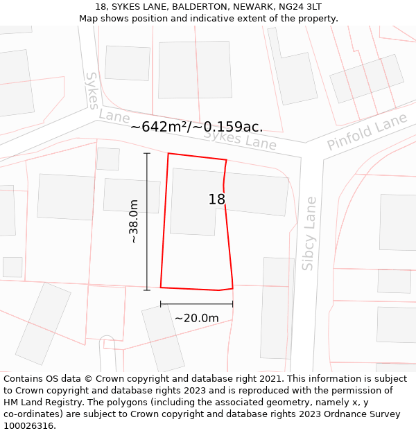 18, SYKES LANE, BALDERTON, NEWARK, NG24 3LT: Plot and title map