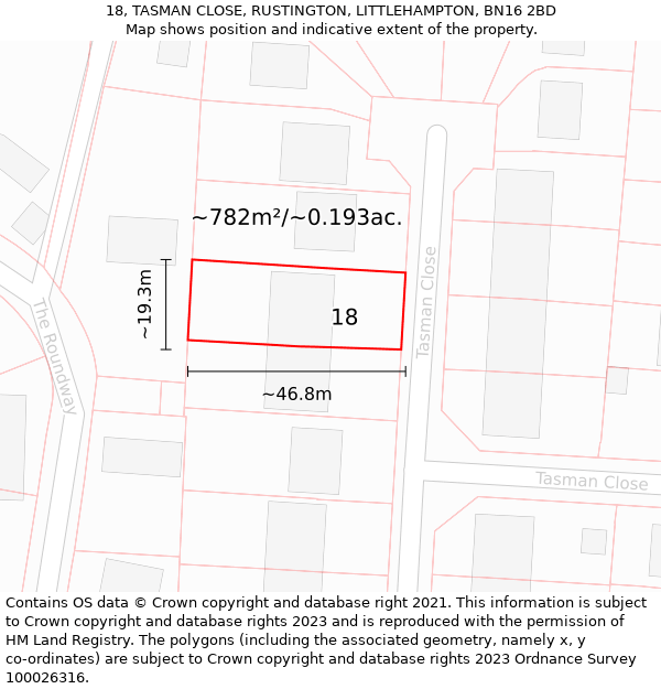 18, TASMAN CLOSE, RUSTINGTON, LITTLEHAMPTON, BN16 2BD: Plot and title map