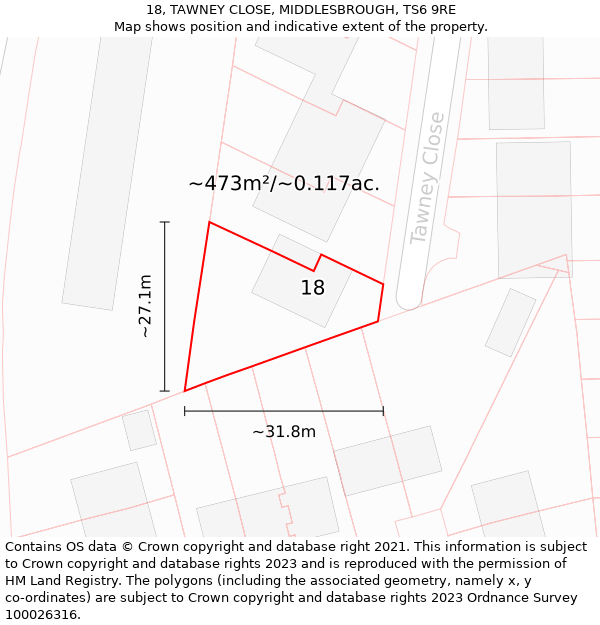 18, TAWNEY CLOSE, MIDDLESBROUGH, TS6 9RE: Plot and title map