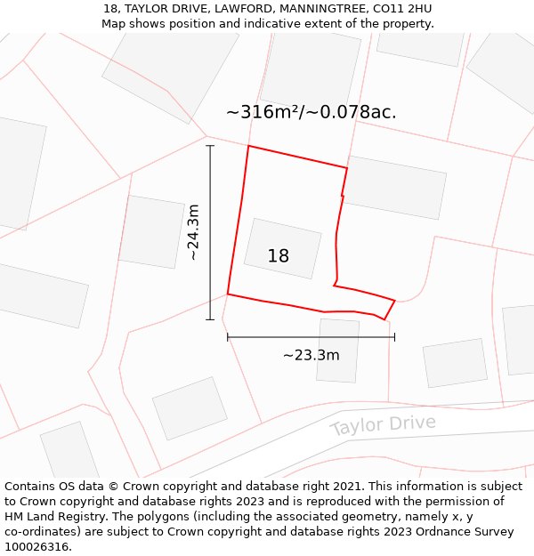 18, TAYLOR DRIVE, LAWFORD, MANNINGTREE, CO11 2HU: Plot and title map