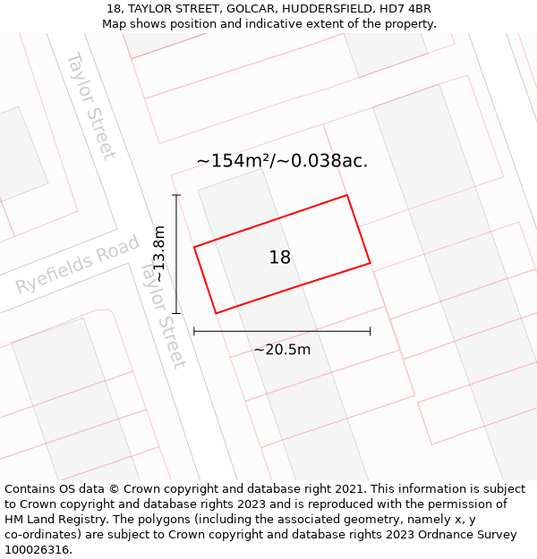 18, TAYLOR STREET, GOLCAR, HUDDERSFIELD, HD7 4BR: Plot and title map