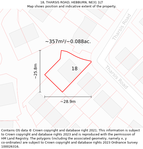 18, THARSIS ROAD, HEBBURN, NE31 1LT: Plot and title map