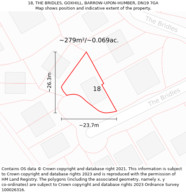 18, THE BRIDLES, GOXHILL, BARROW-UPON-HUMBER, DN19 7GA: Plot and title map