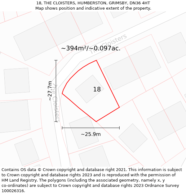 18, THE CLOISTERS, HUMBERSTON, GRIMSBY, DN36 4HT: Plot and title map