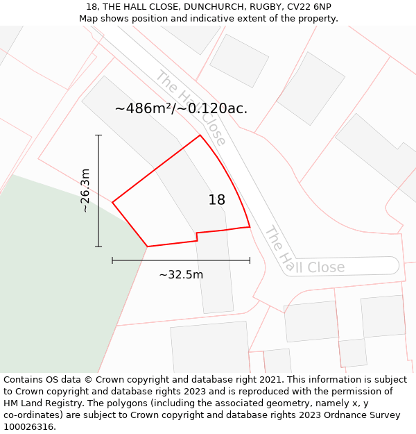 18, THE HALL CLOSE, DUNCHURCH, RUGBY, CV22 6NP: Plot and title map