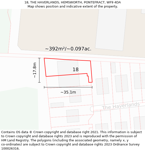 18, THE HAVERLANDS, HEMSWORTH, PONTEFRACT, WF9 4DA: Plot and title map