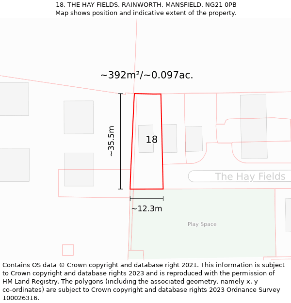 18, THE HAY FIELDS, RAINWORTH, MANSFIELD, NG21 0PB: Plot and title map
